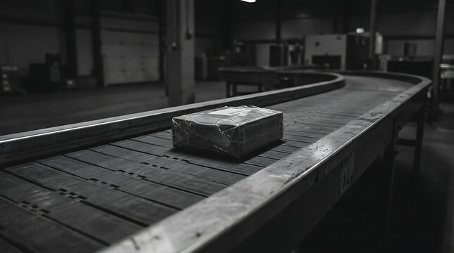 Black and white photo of a single package on an industrial conveyor belt in a large warehouse distribution center