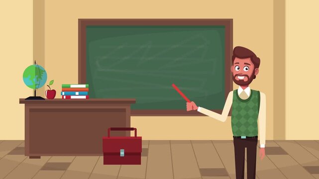 Male teacher standing in classroom with pointer and chalkboard for education background.