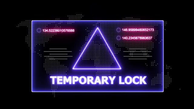 glowing Neon line temporary lock and security breach warning alert message Virus code software hack Hacking attack in Progress, Virus, on a black background 4k animation video