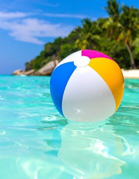 Colorful beach ball floating in clear turquoise water