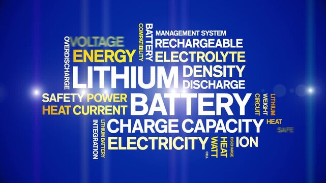 Lithium Battery animated word cloud-text design animation tag kinetic typography seamless loop.