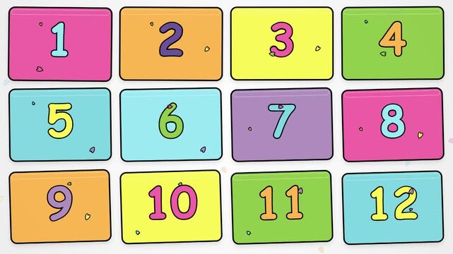 Animated colorful numbered grid from one to twelve with floating hearts.