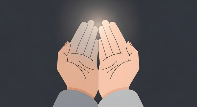 Praying hands with divine light, spiritual palms held open in prayer, religious devotion and hope concept on dark background