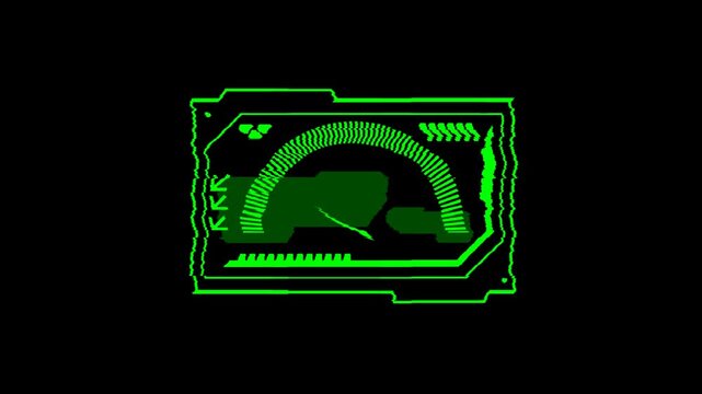 Animated cyberpunk temp meter showing movement from low level to high level, on black background