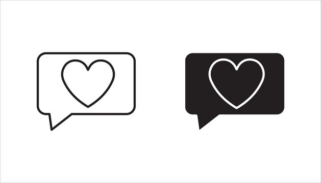 Minimal heart message bubble icon set featuring outline and solid black variations. Suitable for social media, online communication, dating apps, customer support, wellness platforms, mobile applicati