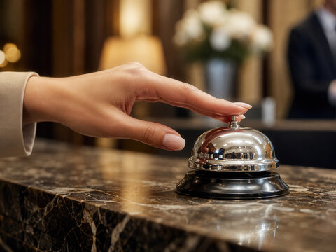 Hand Pressing Service Bell On Hotel Reception Desk