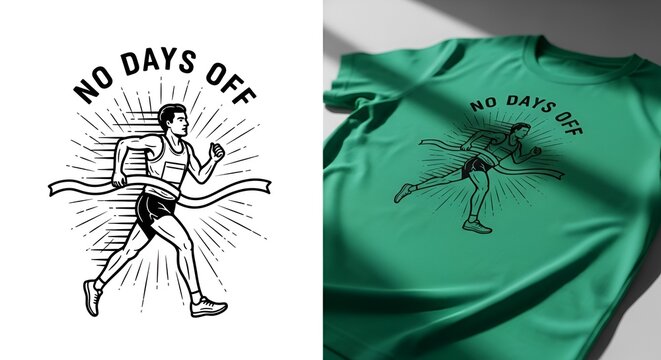 Motivational running graphic with the phrase 'No Days Off' featuring energetic athlete illustration and vibrant green t-shirt