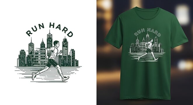 Motivational running graphic design with city skyline and inspiring message on athletic apparel