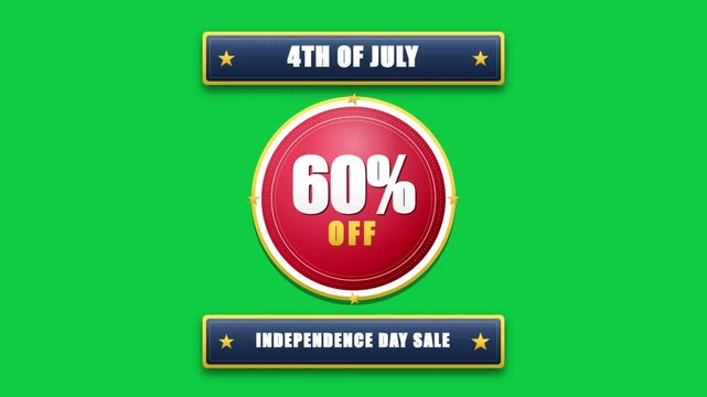 4th of July independence day sale badge with 60 percent off red button and star banners on green screen background for video editing