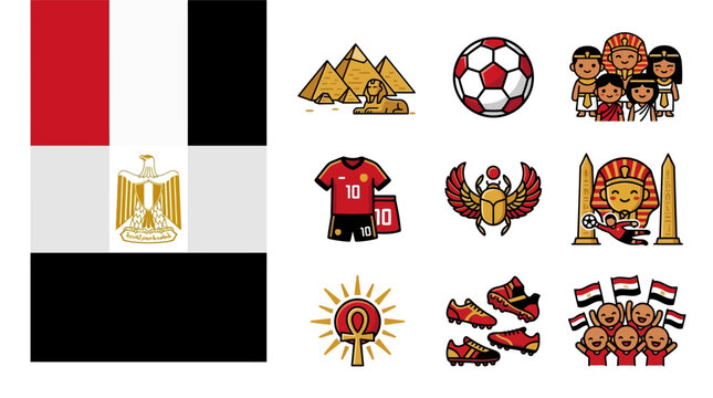 Flat vector illustration collection featuring the flag of Egypt, Great Pyramids, Sphinx, soccer icons, chibi ancient Egyptians, scarab beetle, ankh, and national team sports fans.