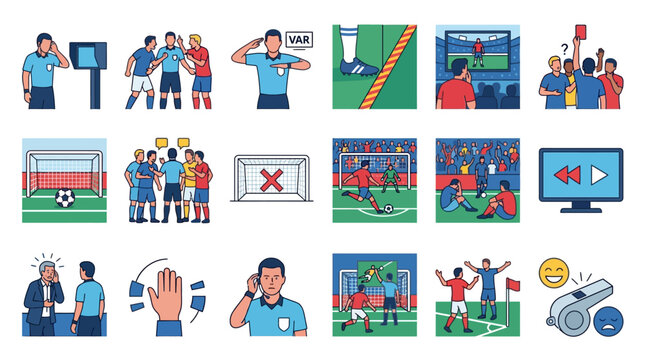 Set of flat vector icons illustrating soccer VAR technology, referee match reviews, disallowed goals, offside line technology, red cards, penalty kicks, and player protests on pitch.