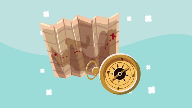 Animated map and compass illustration for adventure and exploration concept with a moving arrow pointing north.