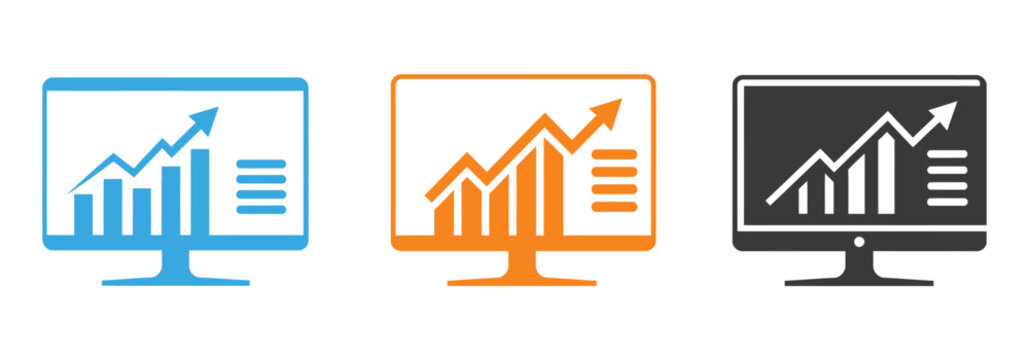 Business analytics monitor icons with upward growth charts, representing financial reporting, data visualization, market analysis, corporate performance tracking, and digital business intelligence con