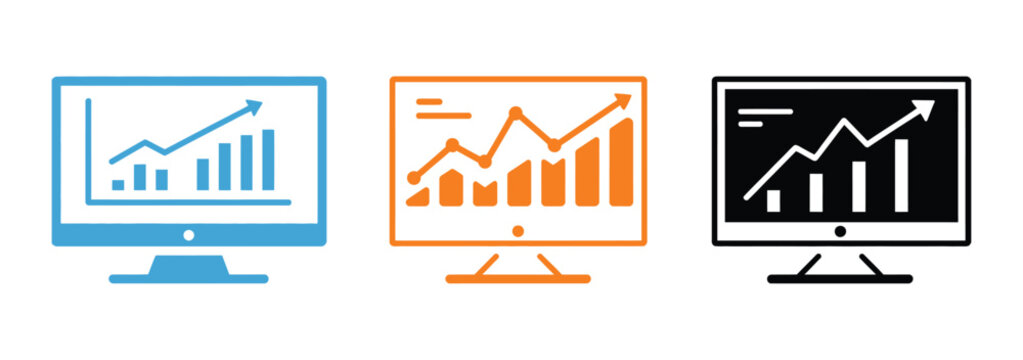 Computer screen illustration collection featuring rising graph designs, symbolizing business growth, analytics dashboards, financial success, sales monitoring, technology reporting, and strategic data