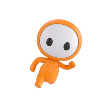 Cute 3D render Orange Bot character running toward the camera with energetic motion, playful and lively mascot style, dynamic action pose, isolated on white background.