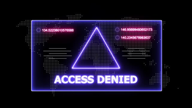 glowing Neon line access denied and security breach warning alert message Virus code software hack Hacking attack in Progress, Virus, on a black background 4k animation video