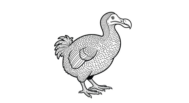 Hand drawn black and white illustration of an extinct dodo bird shown in a detailed vintage engraving art style.