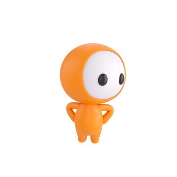 Cute 3D render Orange Bot character standing with hands on hips, body facing forward while looking to the side, confident and thoughtful pose, isolated on white background.