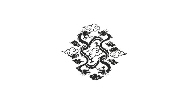 Two intertwined black dragons surrounded by stylized clouds, abstract oriental design