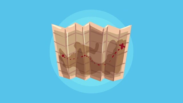 Animated treasure map showing paper unfolding with dotted red path and cross marking destination on blue background.