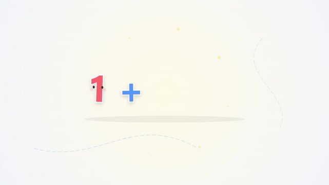 Animated number one and plus sign for basic addition math education appearing on a soft neutral background.