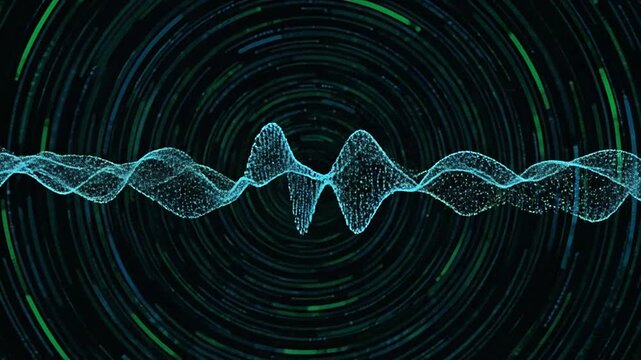 A glowing blue digital wave flows across a dark background with circular light patterns