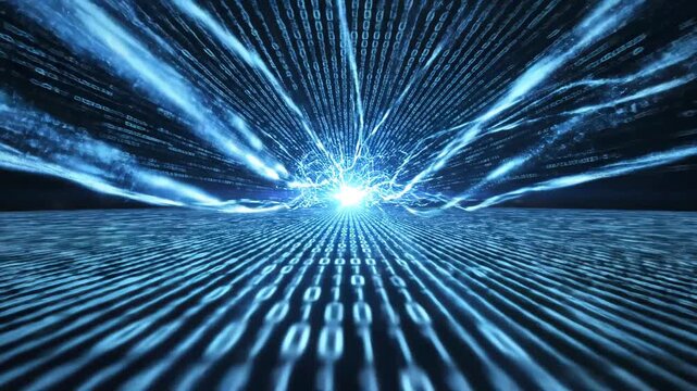 Digital binary code and light beams representing data-driven futures and networking concepts