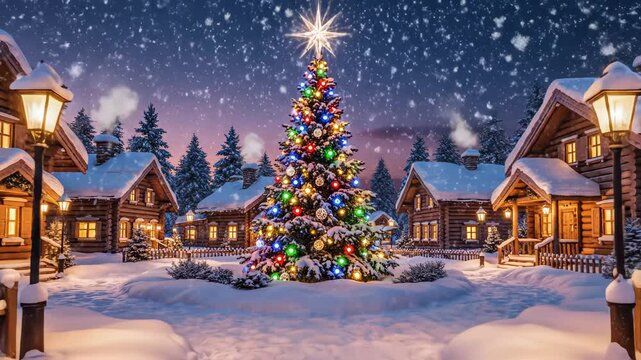 Snowy Christmas village with tree symbolizing tranquility and the great outdoors