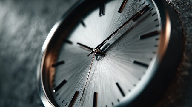 Cinematic close-up of a classic analog clock with minimalist design, elegant metal frame, clean white dial, black hands, second hand abruptly stopped, suspended moment