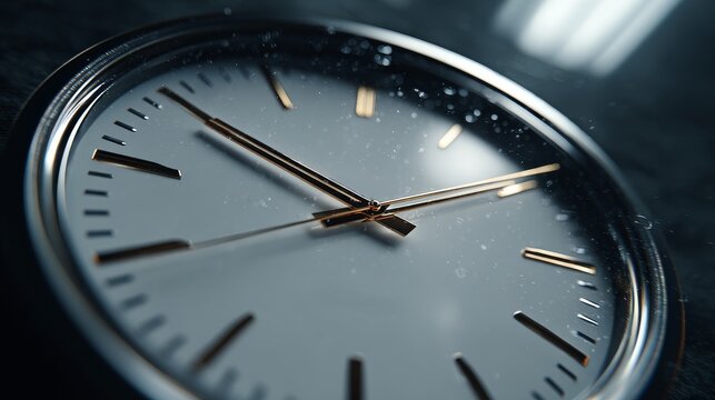 Cinematic close-up of a classic analog clock with minimalist design, elegant metal frame, clean white dial, black hands, second hand abruptly stopped, suspended moment