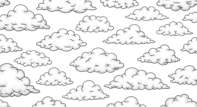 Seamless background filled with numerous hand drawn fluffy white clouds in a vintage engraving or stippled style.