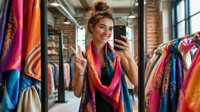 A cheerful young woman with a messy bun smiles and flashes a peace sign while taking a selfie in a vibrant clothing boutique filled with colorful silk scarves and industrial brick decor style.