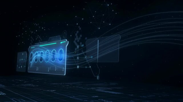 Futuristic digital interface with holographic user profiles and data flow visualization in dark space