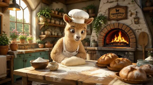 A cheerful llama baker wearing a white chefs hat and apron rhythmically kneads dough in a rustic farmhouse kitchen. Charming animation of a cute animal baker preparing fresh homemade bread loaves.