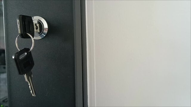 Close-up of house keys in a door lock. Concept of apartment rental, real estate services, property handover to a new tenant and moving home.