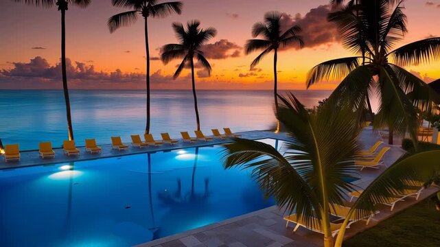 Illuminated swimming pool and palm trees at a tropical resort during sunset image photo