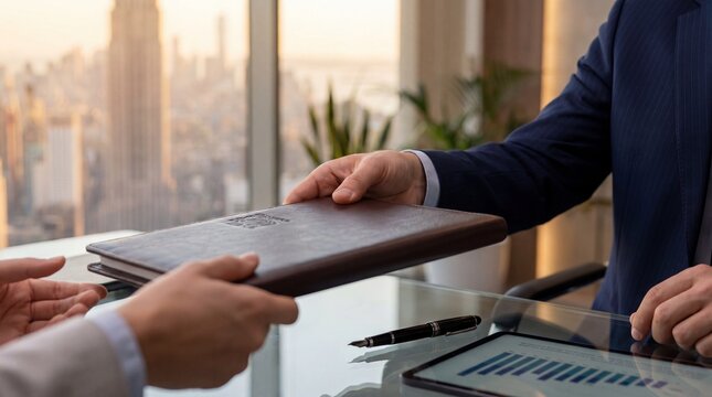 Business partners exchanging a leather folder in a highrise office with a city skyline view at sunset