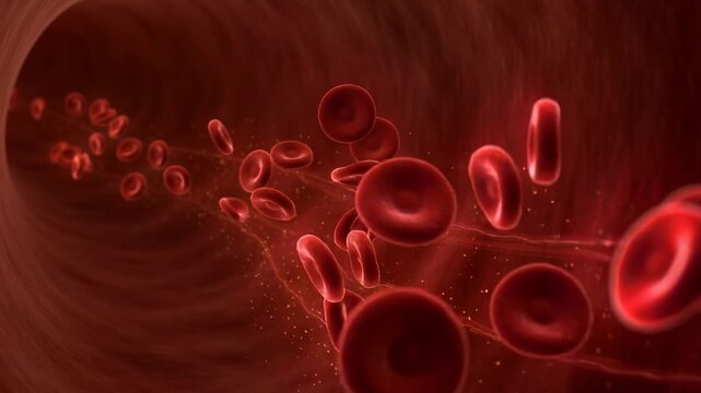 Close up view of red blood cells flowing inside a blood vessel with detailed biological structure