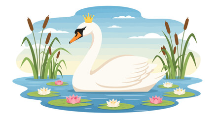 Obraz premium Elegant Swan Queen with Crown on Pond with Water Lilies and Reeds