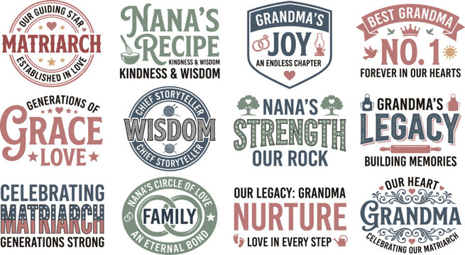 Grandma Nana Matriarch Typography Badge Bundle Recipe Wisdom Family Legacy Grace Nurture Tree Apron Rolling Pin Dusty Rose Green White