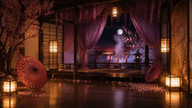 Japanese moonlit room with lanterns and red umbrellas