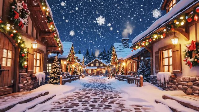 Snowy Christmas village street at night symbolizing tranquility and the great outdoors