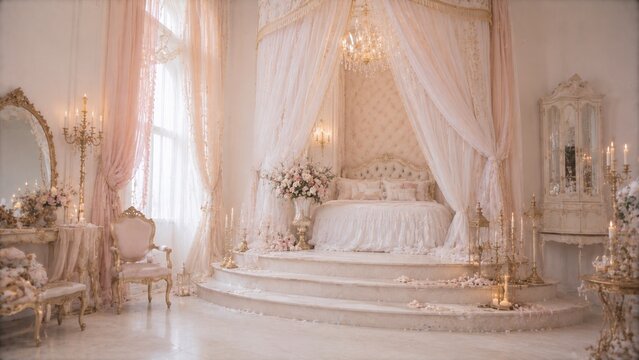 Elegant bridal bedroom interior with canopy and candles