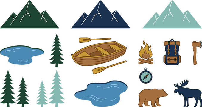 Flat wilderness camping elements set with mountains lake pine trees wooden boat campfire backpack bear and moose vector