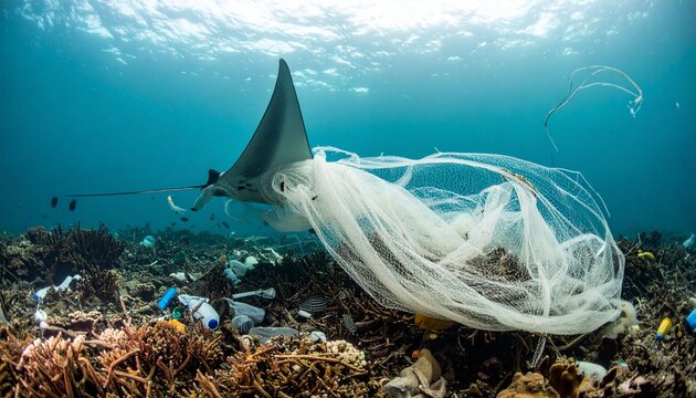 Manta ray entangled in ocean plastic pollution underwater