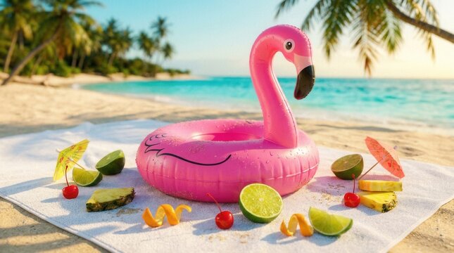 A small pink inflatable flamingo float sits on a white towel on a sandy beach surrounded by fresh lime wedges, pineapple slices, cherries, and orange peels near the ocean.