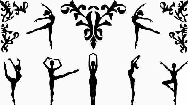 Dancer silhouettes in various poses with floral designs on transparent background