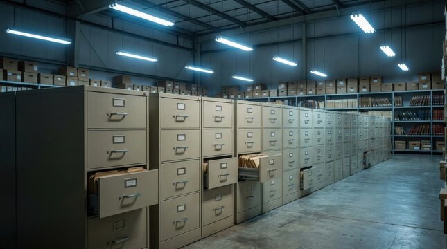 Long row of beige metal filing cabinets in an industrial archive warehouse with open drawers containing manila folders under fluorescent lighting and storage shelves in background.