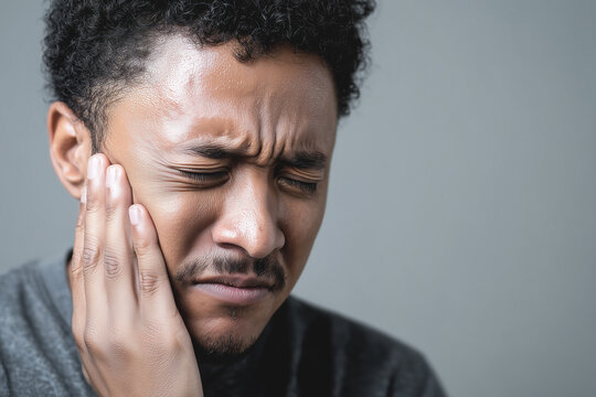 a person with a swollen face holding his cheek because of a toothache