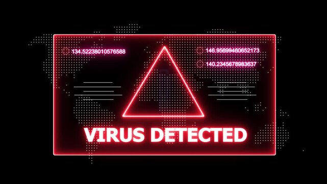 glowing Neon line virus detected and security breach warning alert message Virus code software hack Hacking attack in Progress, Virus, on a black background 4k animation video